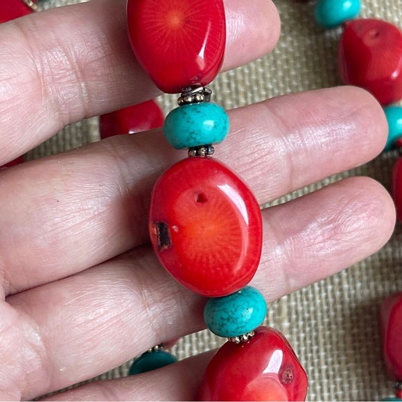 LUO Red Coral, Turquoise, and 925 silver Necklace bracelet and earrings set - Picture 3 of 5